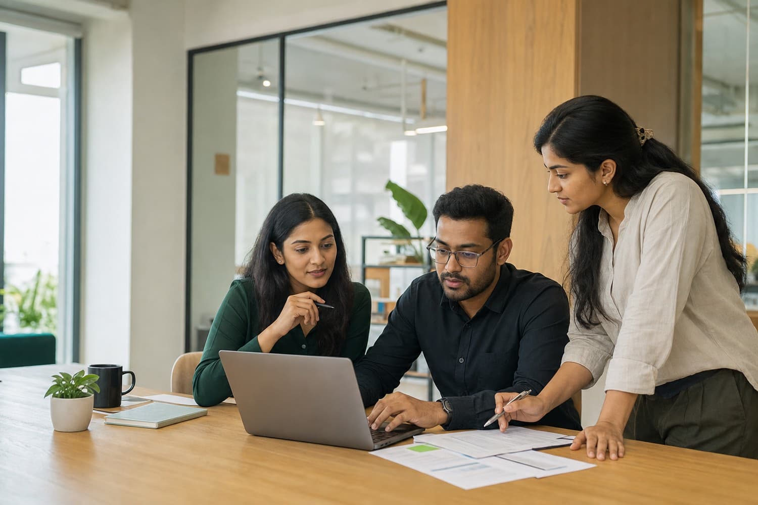 An in-house recruiting team reviewing candidates together
